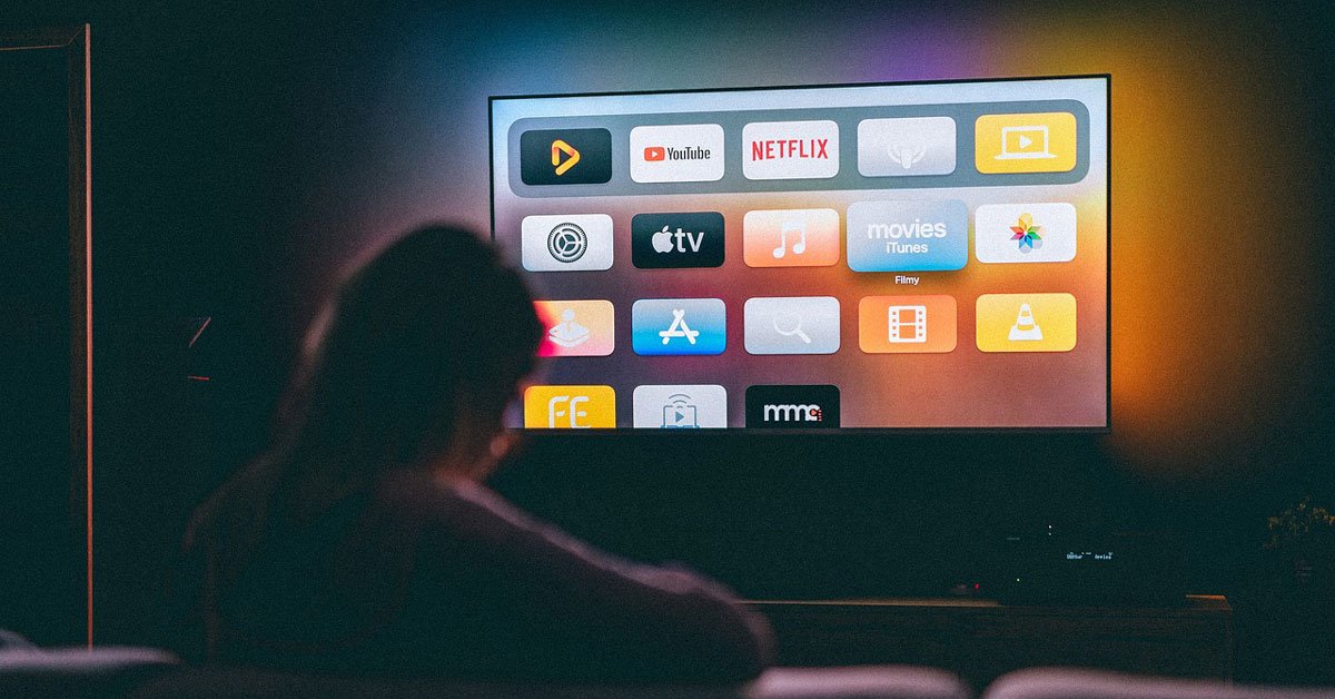 A TV showing various streaming apps