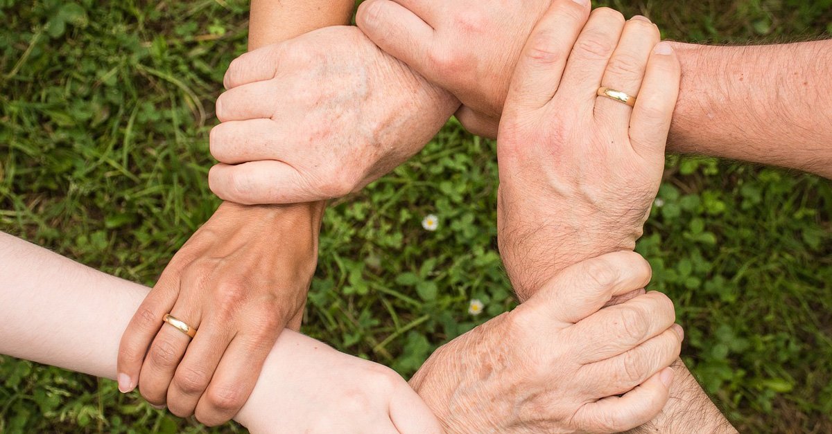 A group of hands and arms grasping each other