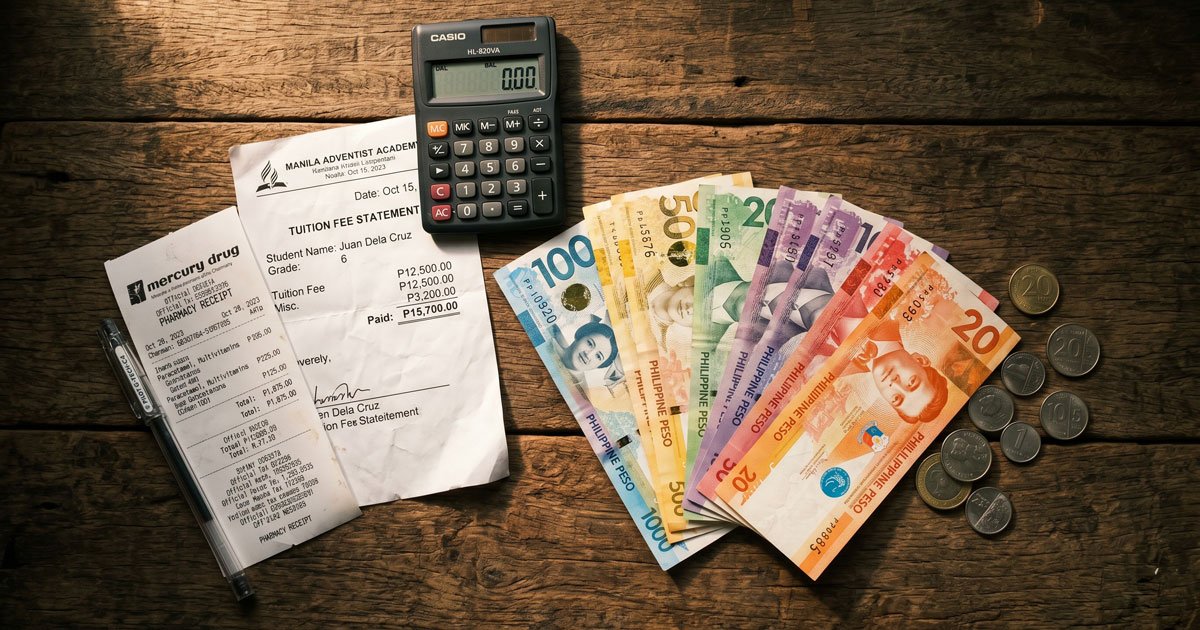 Cost of supporting parents and kids in the Philippines shown in pesos and receipts